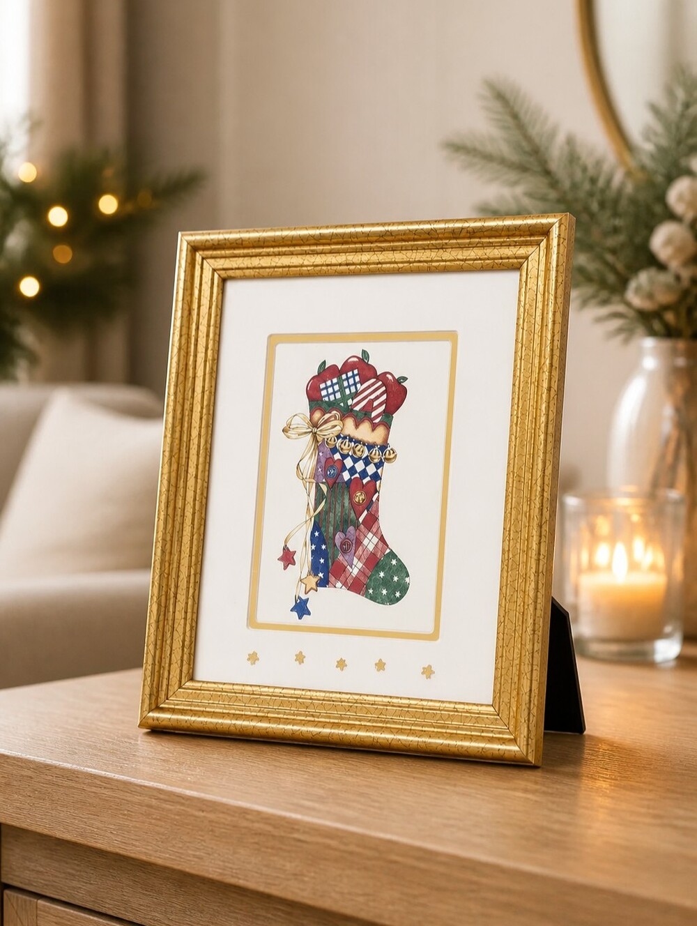 Vintage Gold Framed Christmas Stocking Wall Art